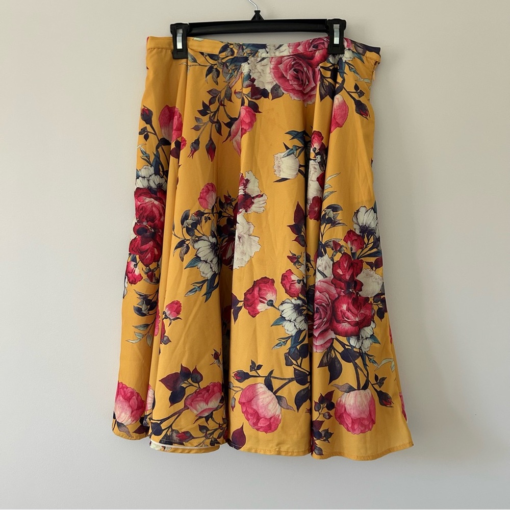 Yellow Floral A-Line Midi Skirt